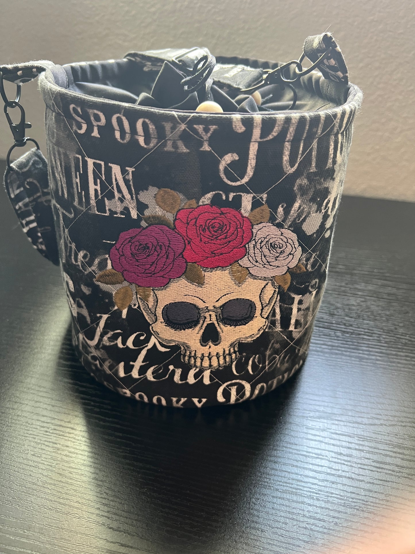 Gothic Skulls and Roses embroidered Canvas Bucket Bag