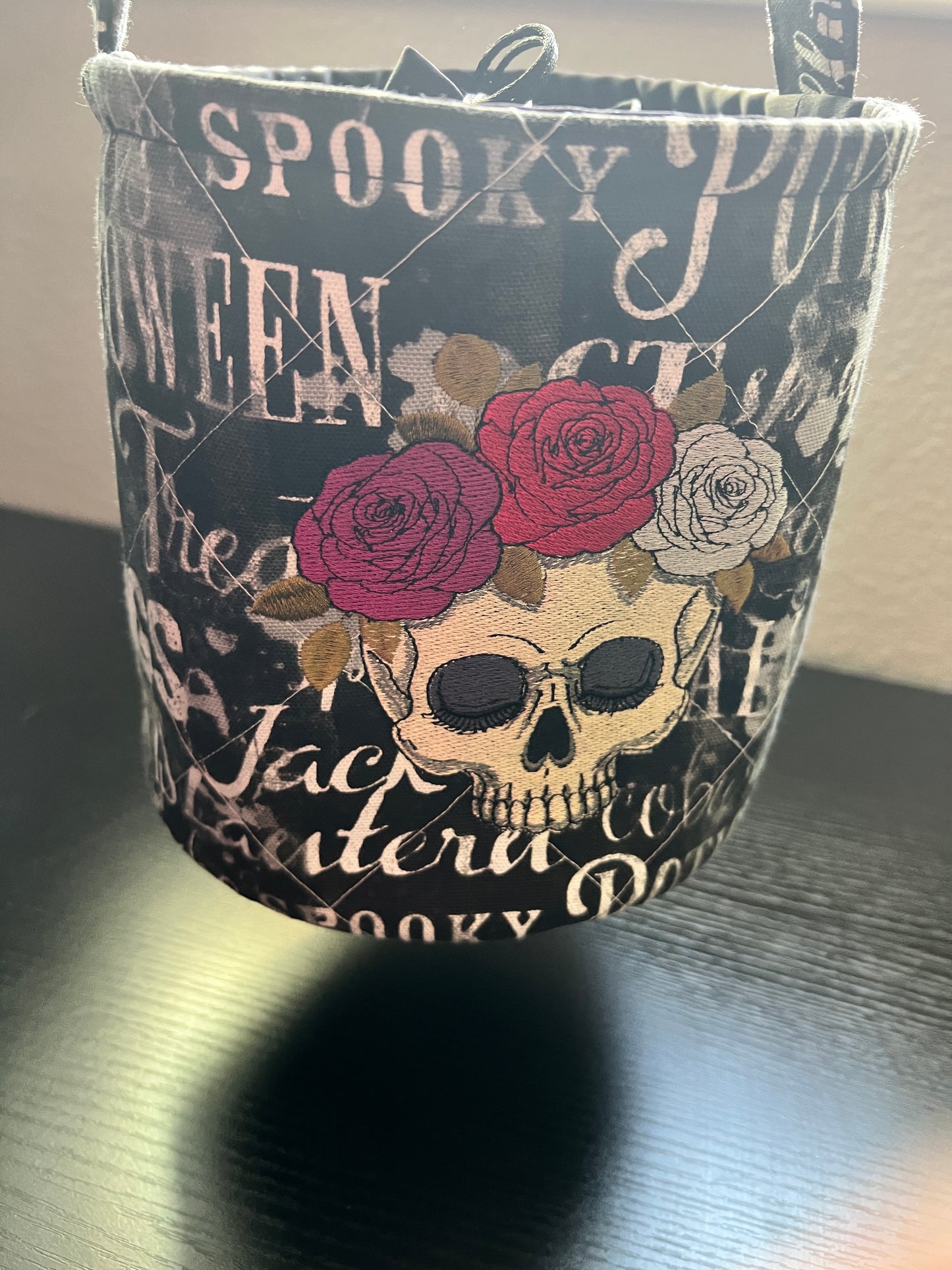 Gothic Skulls and Roses embroidered Canvas Bucket Bag