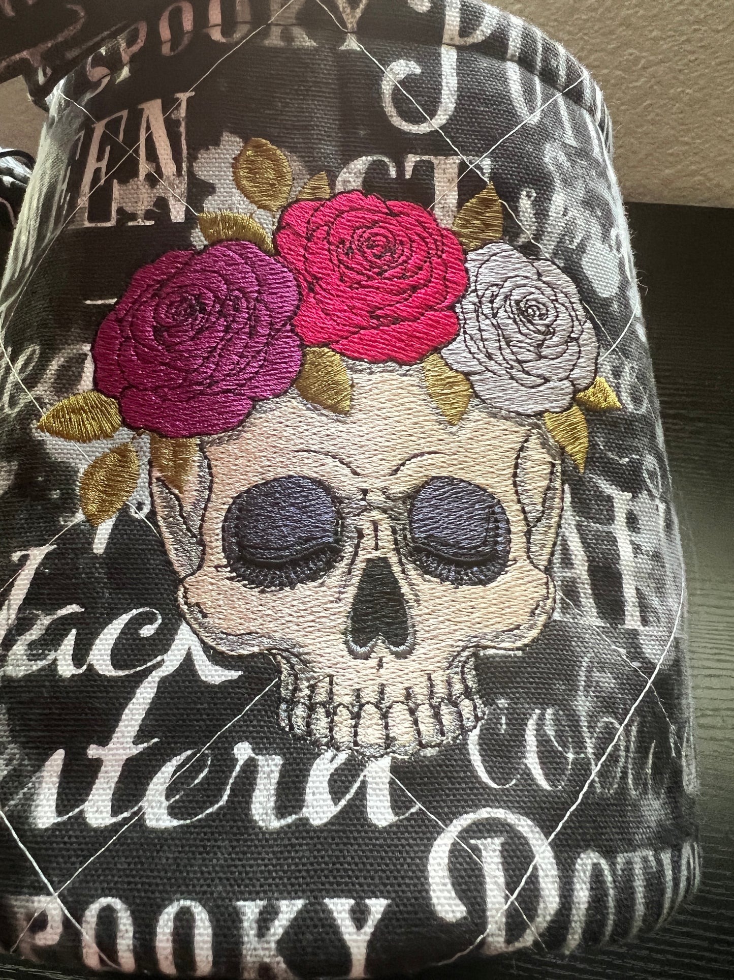 Gothic Skulls and Roses embroidered Canvas Bucket Bag