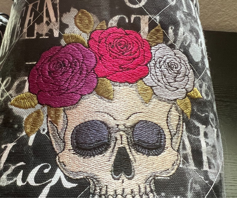 Gothic Skulls and Roses embroidered Canvas Bucket Bag